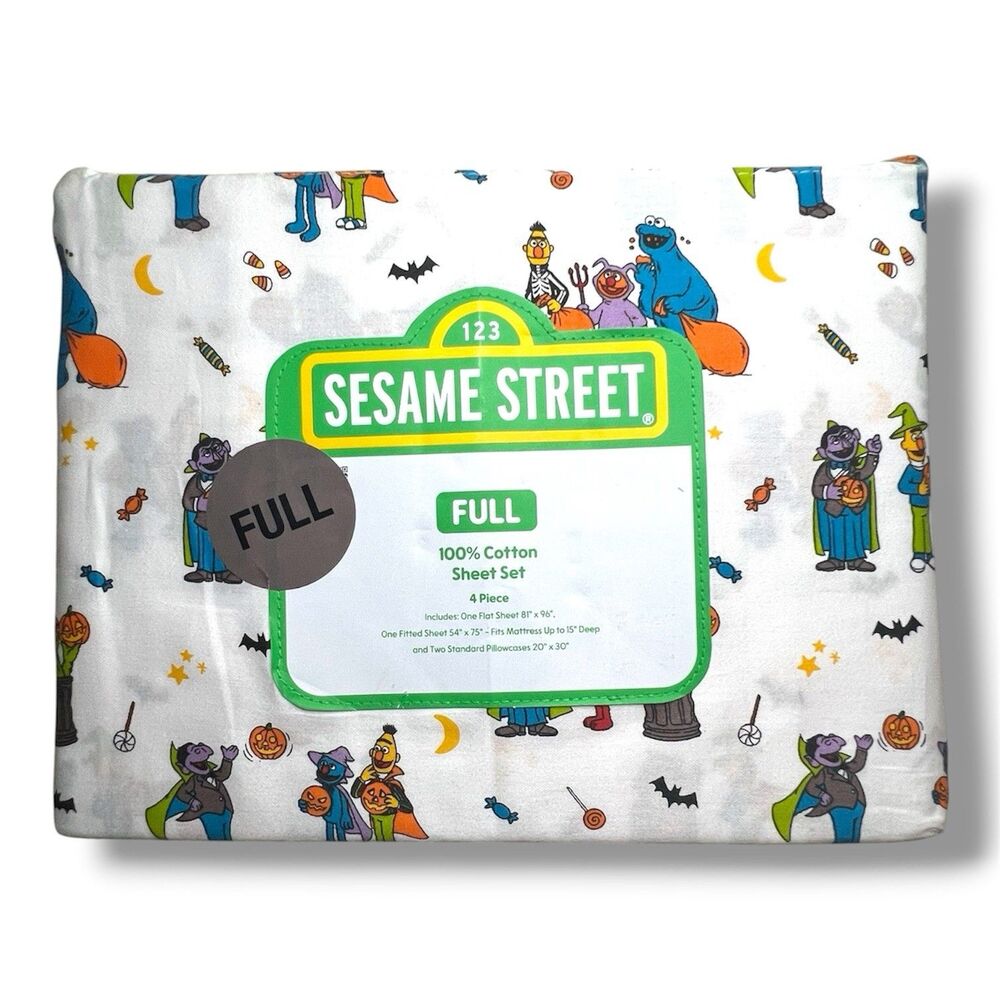 Sesame Street Halloween Full Sheet Set 100% Cotton 4pc Elmo Cookie Monster New